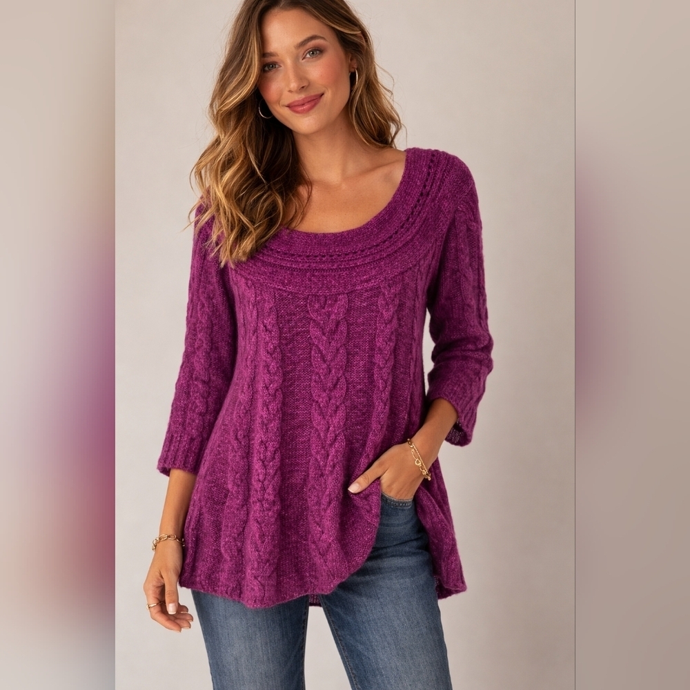 Free People Purple Scoop Neck Cable Knit Tunic Top Sz XS